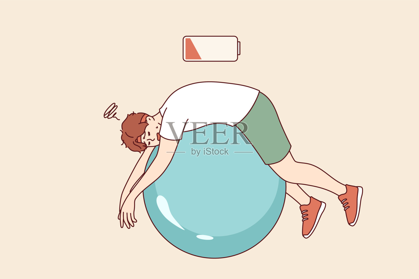 疲惫的男人躺在健身球上，电池空了，象征着疲惫和缺乏活力插画图片素材