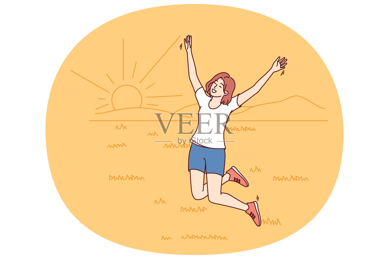 快乐的女人跳着走在夏日的草地上，欣赏着夕阳下的自然风光插画图片素材