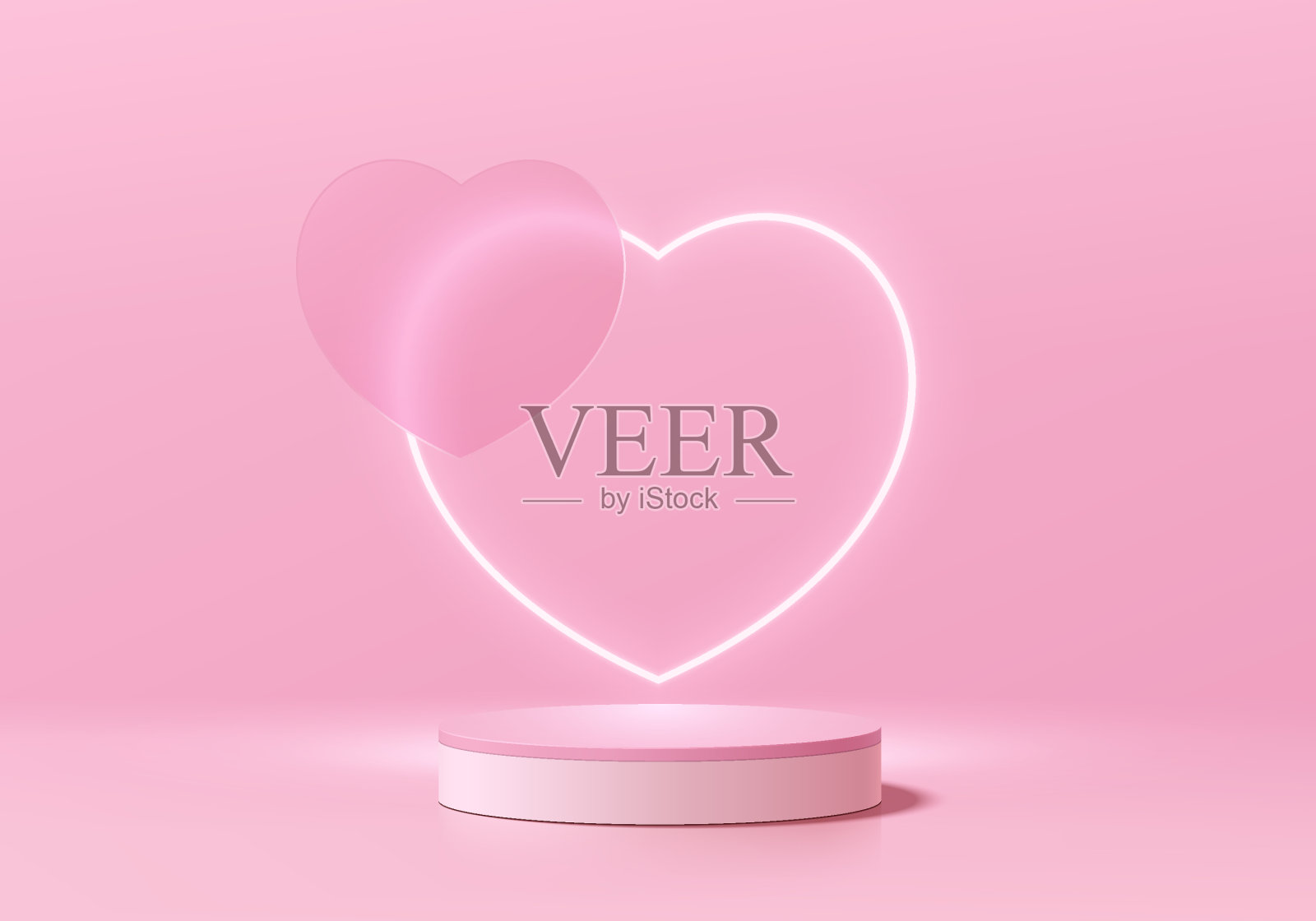 情人节3D粉红色讲台背景与辉光霓虹心形背景。抽象构图极简设计。工作室展示陈列室化妆品台座，时装舞台展示样机场景。插画图片素材