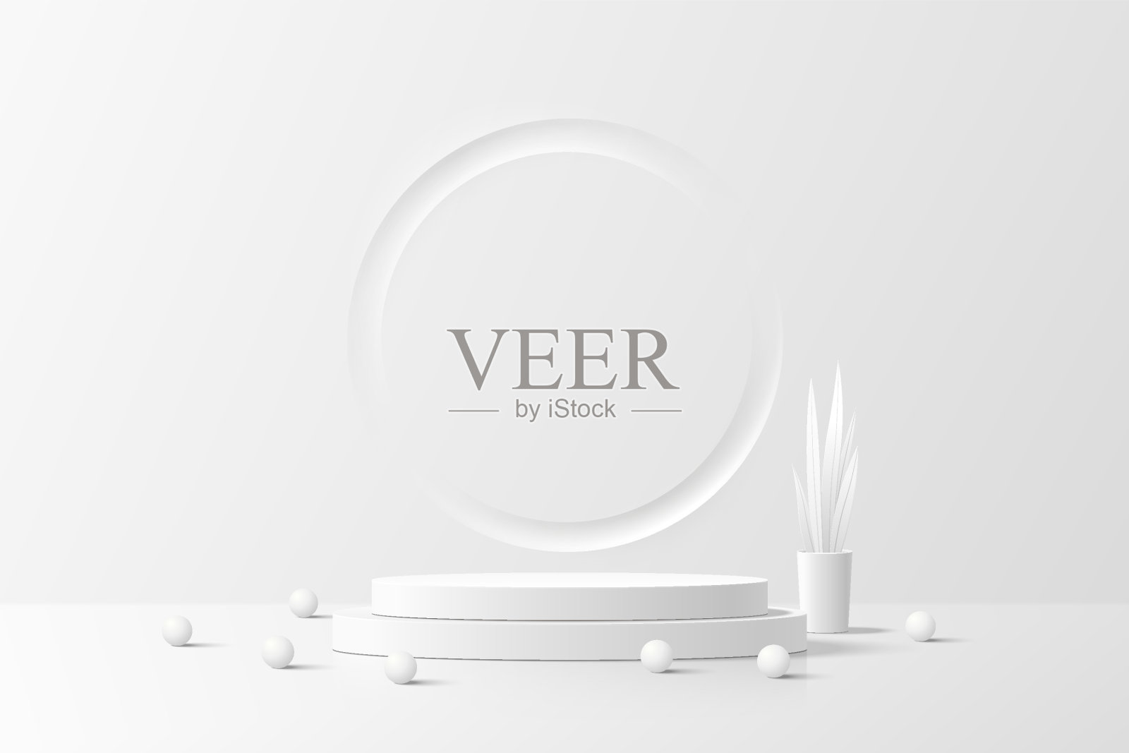 三维白色讲台背景与球体球。盆栽，留装饰。抽象构图极简设计。工作室展示陈列室化妆品台座，时装舞台展示样机场景。插画图片素材