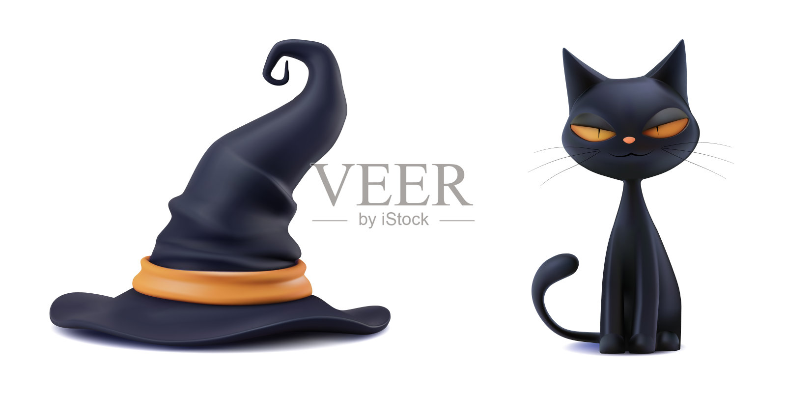 女巫帽和可爱的黑猫万圣节矢量。精灵锥形帽与橙色可怕的卡通宠物动物性格隔离。派对服装复古巫术恐怖集。有趣的小猫微笑黑色横幅装饰。插画图片素材