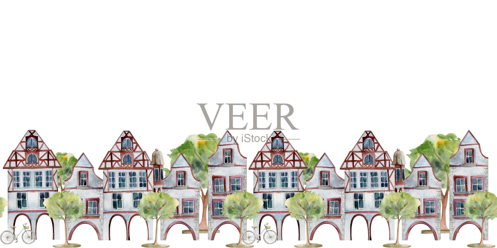 古老的欧洲城镇街道房屋，城市外立面，树木。历史城市景观建筑。水彩手绘无缝横幅。适合旅游商店，纪念品，旅游宣传册，房地产插画图片素材