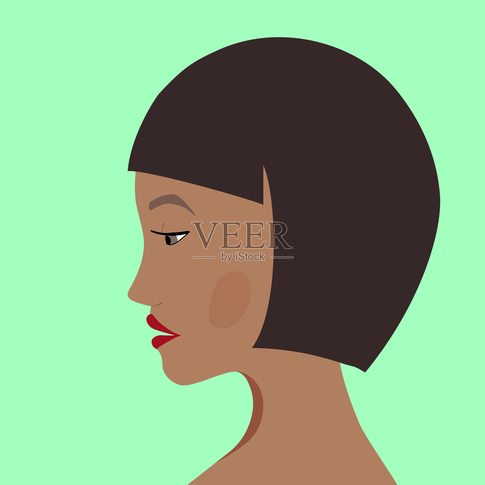 一个时尚女人的肖像。一个欧洲黑发女人的侧面头像。女孩的脸。平面设计的登陆页，横幅，社交媒体头像。颜色矢量图插画图片素材