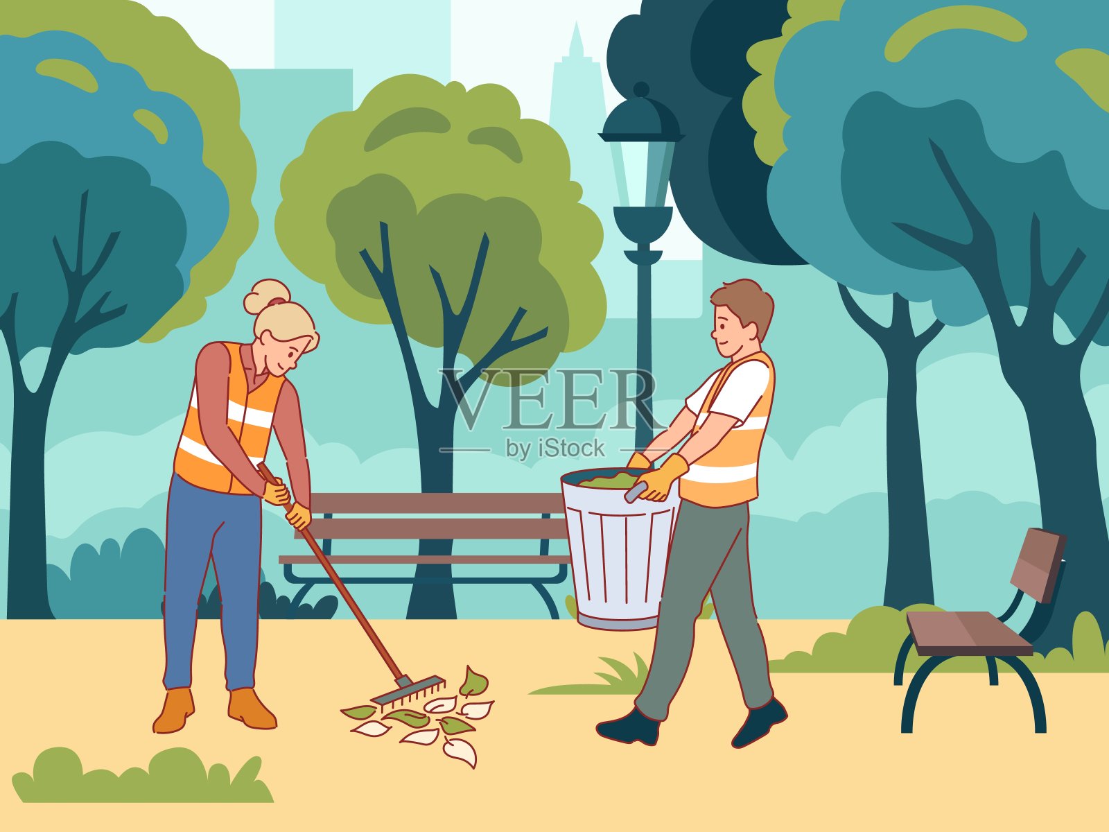 清洁工队伍打扫街道。人们统一在公园里收集落叶，垃圾收集，收集垃圾的过程，清洁环境，卡通平面风格孤立矢量概念插画图片素材