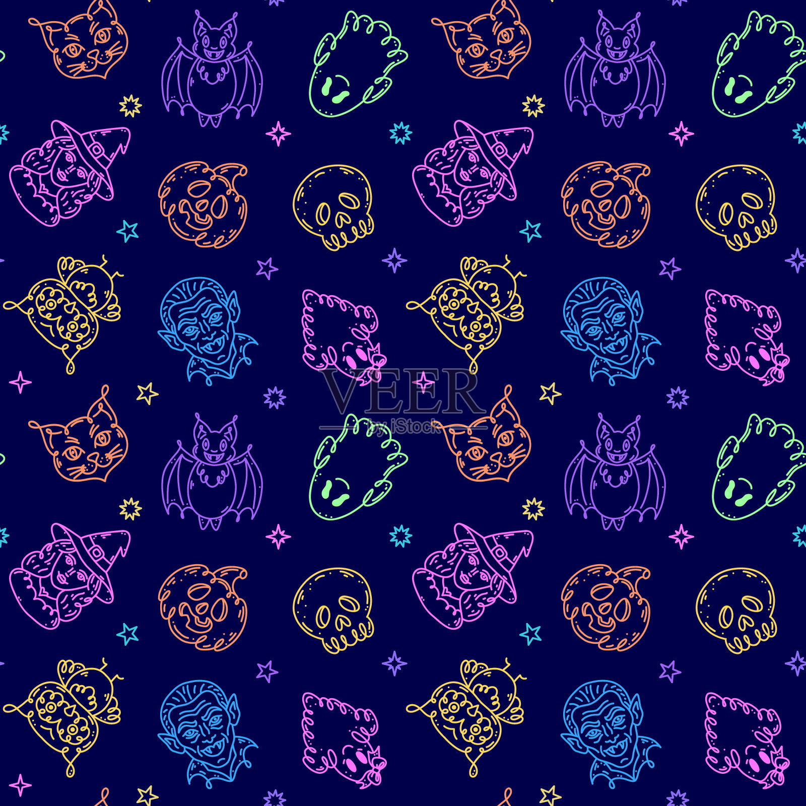 无缝图案与人物在涂鸦风格上的主题万圣节假期。渐变颜色。插画图片素材