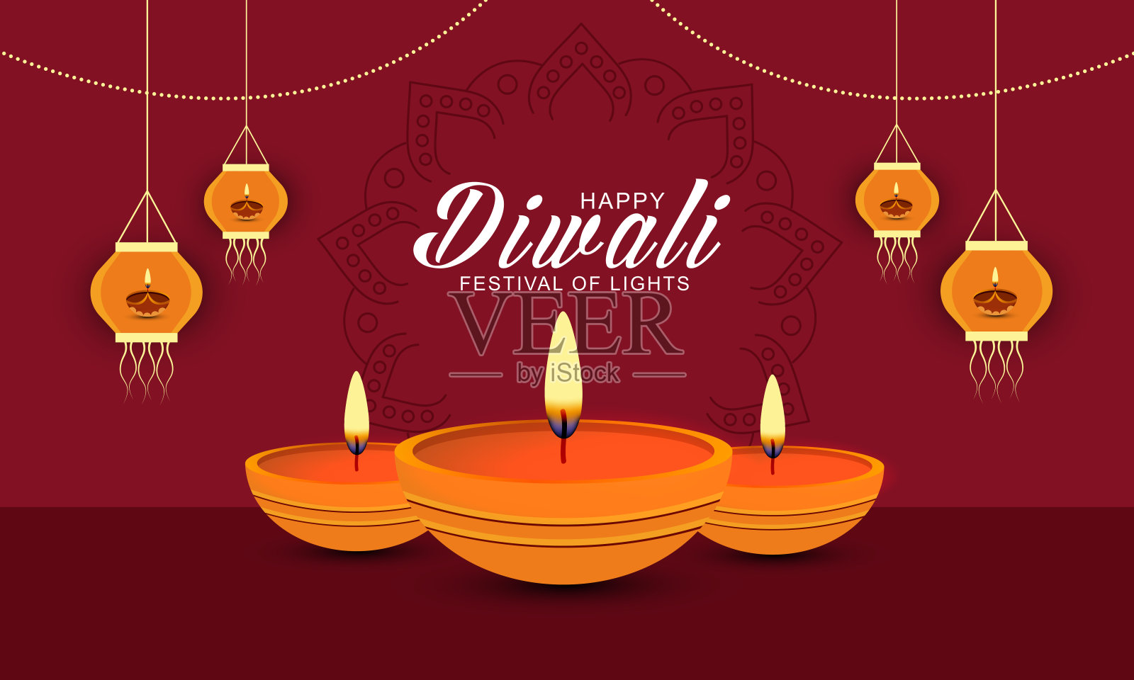 快乐排灯节横幅设计与油灯插画图片素材