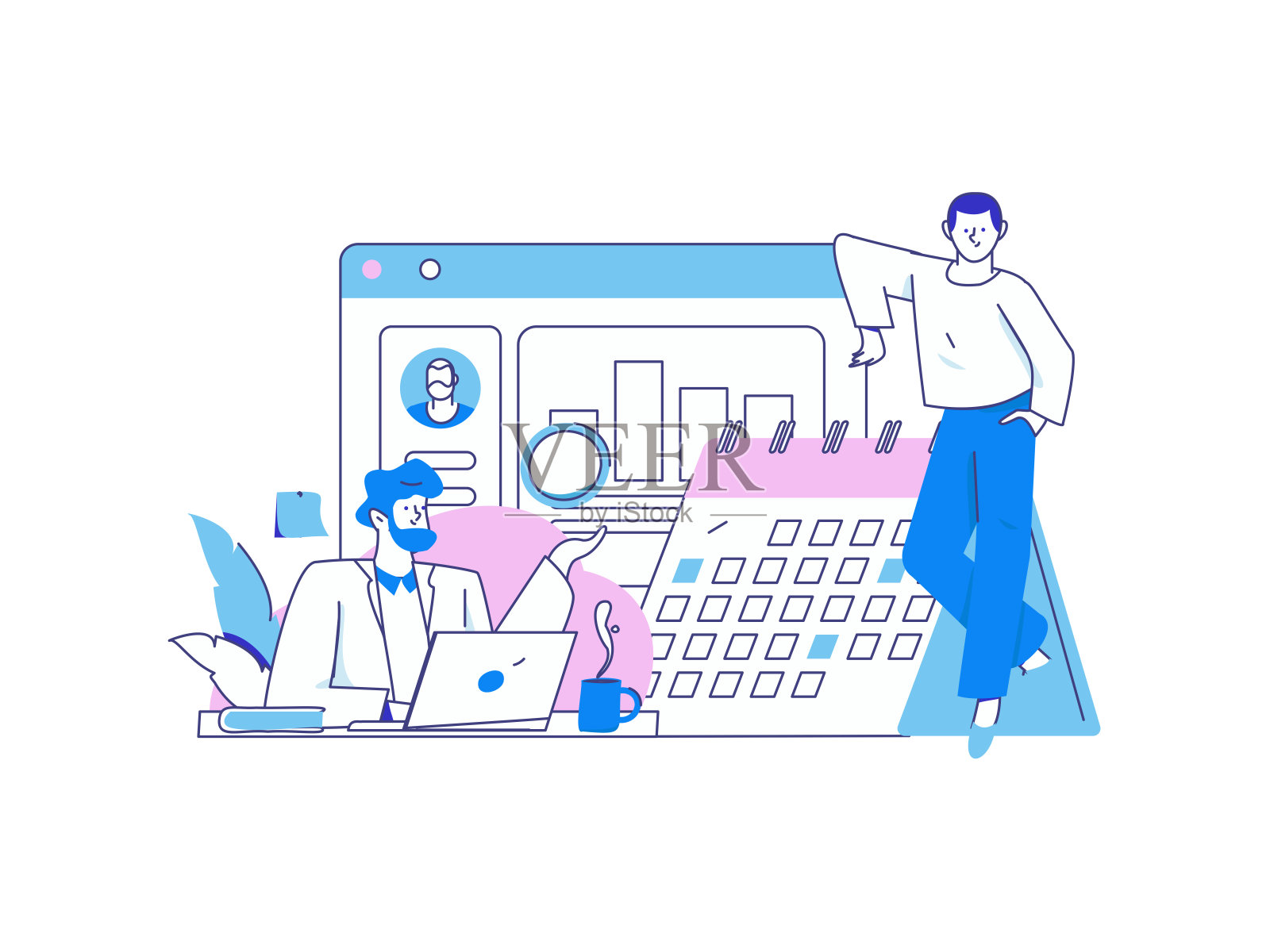 平面矢量插图的业务人员操作的工作场景插画图片素材