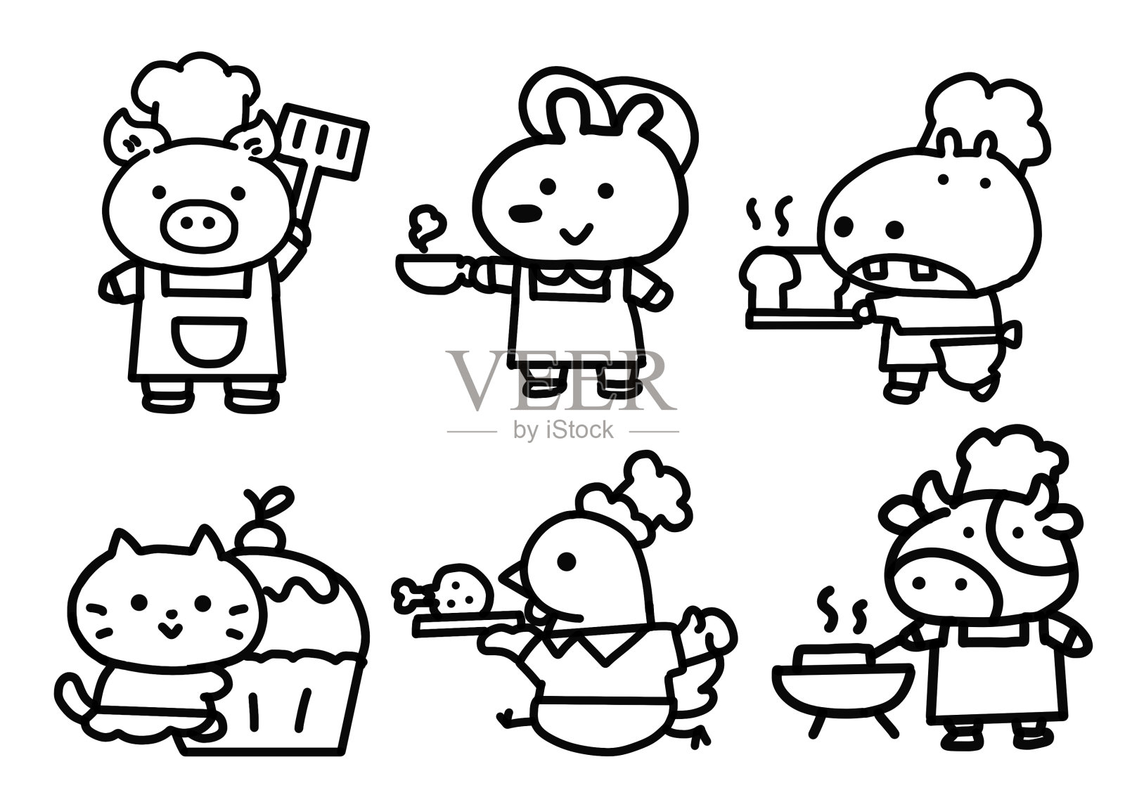 一组关于食物的动物吉祥物涂鸦风格。插画图片素材