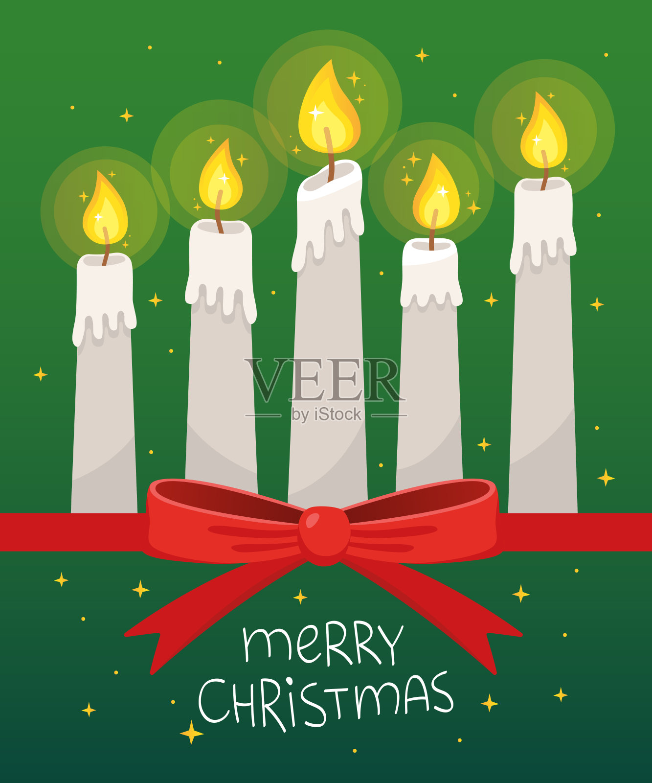 圣诞插图。设计贺卡。绿色背景上燃烧的蜡烛。插画图片素材