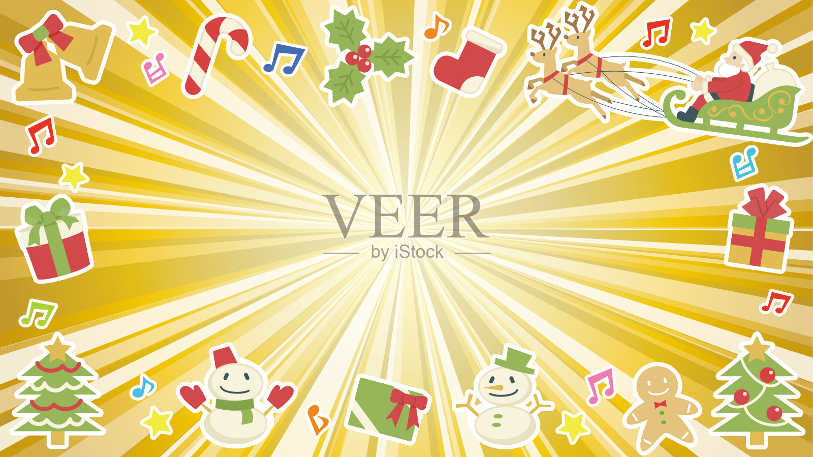 向量插图圣诞节金色闪光与层次-圣诞老人和树和音符-插画图片素材