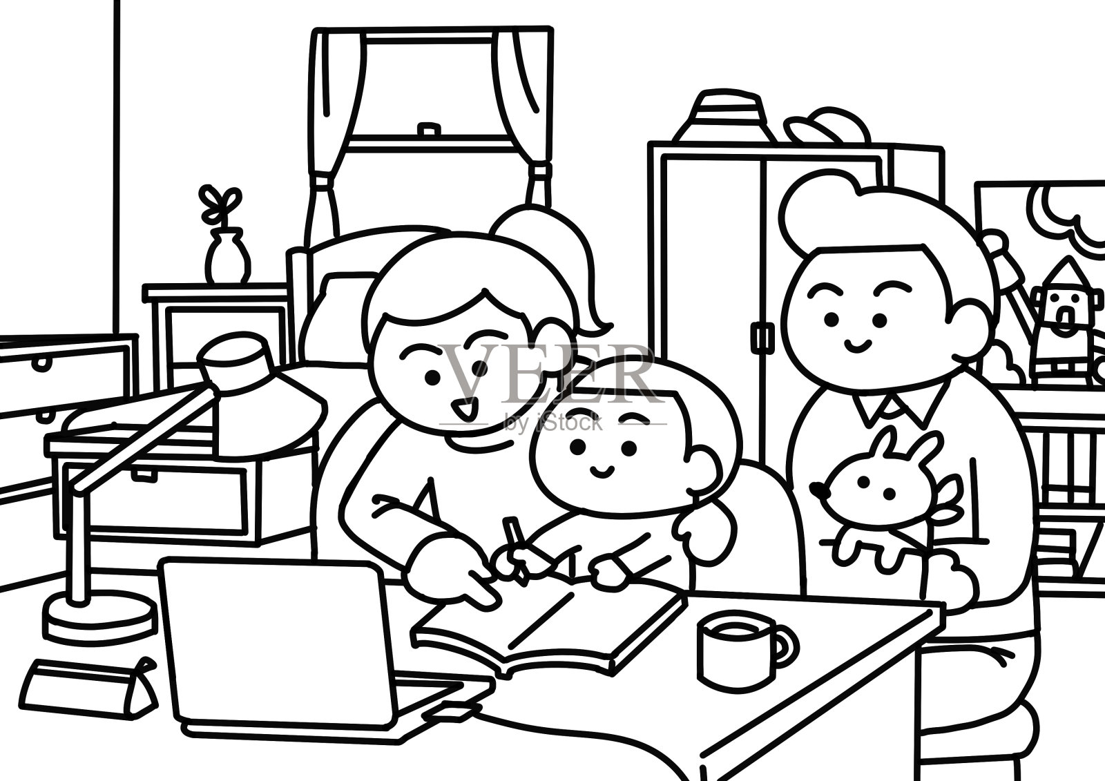 家长教儿子做作业。插画图片素材