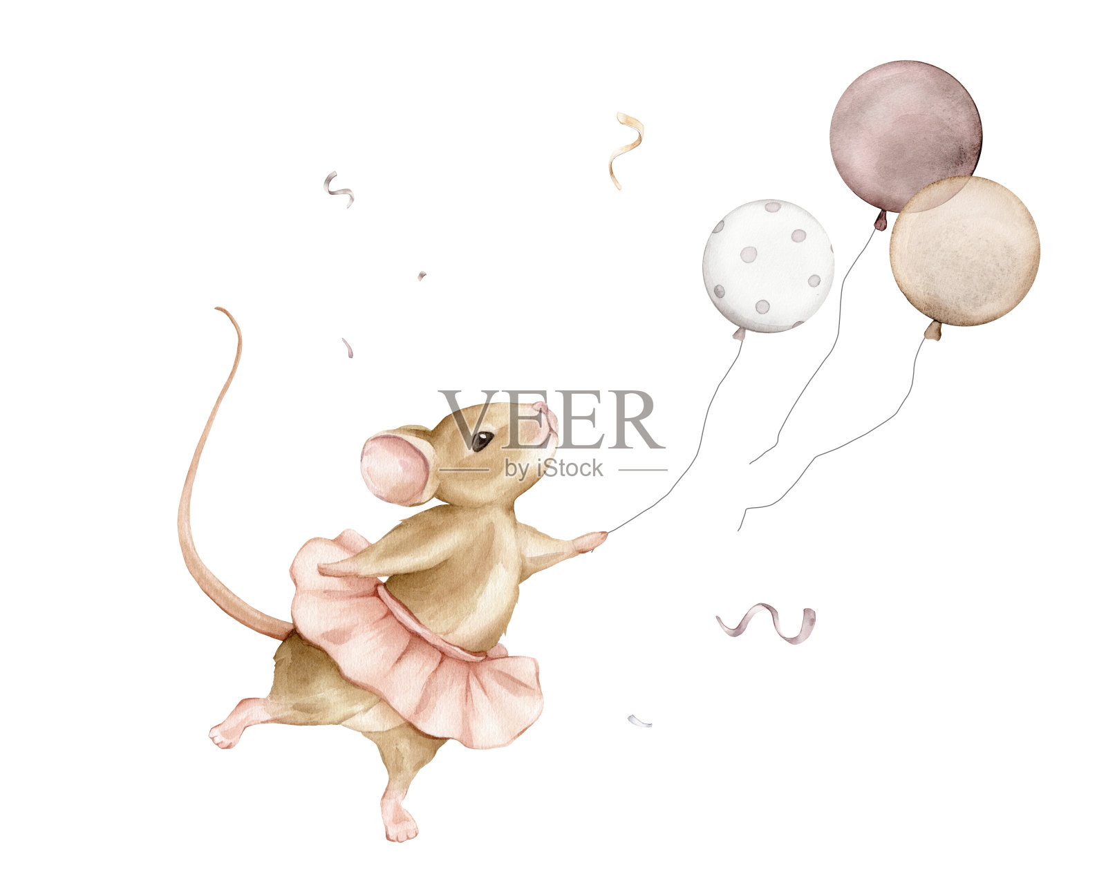 手绘水彩插图鼠标芭蕾舞女演员在一个粉红色的短裙和棕色气球。米色可爱的动物们摆着芭蕾舞的姿势和飞舞的五彩纸屑。孤立的插图为孩子卡生日快乐插画图片素材