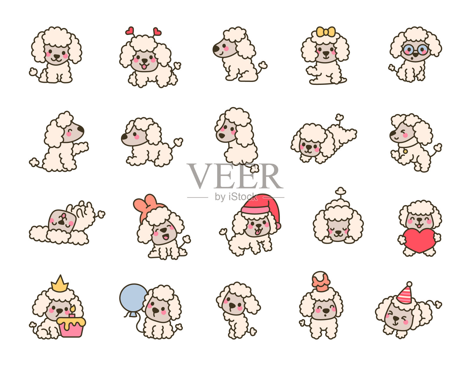 可爱的卡哇伊贵宾犬角色。有趣的卡通宠物。手绘风格。矢量图。设计元素的集合。插画图片素材