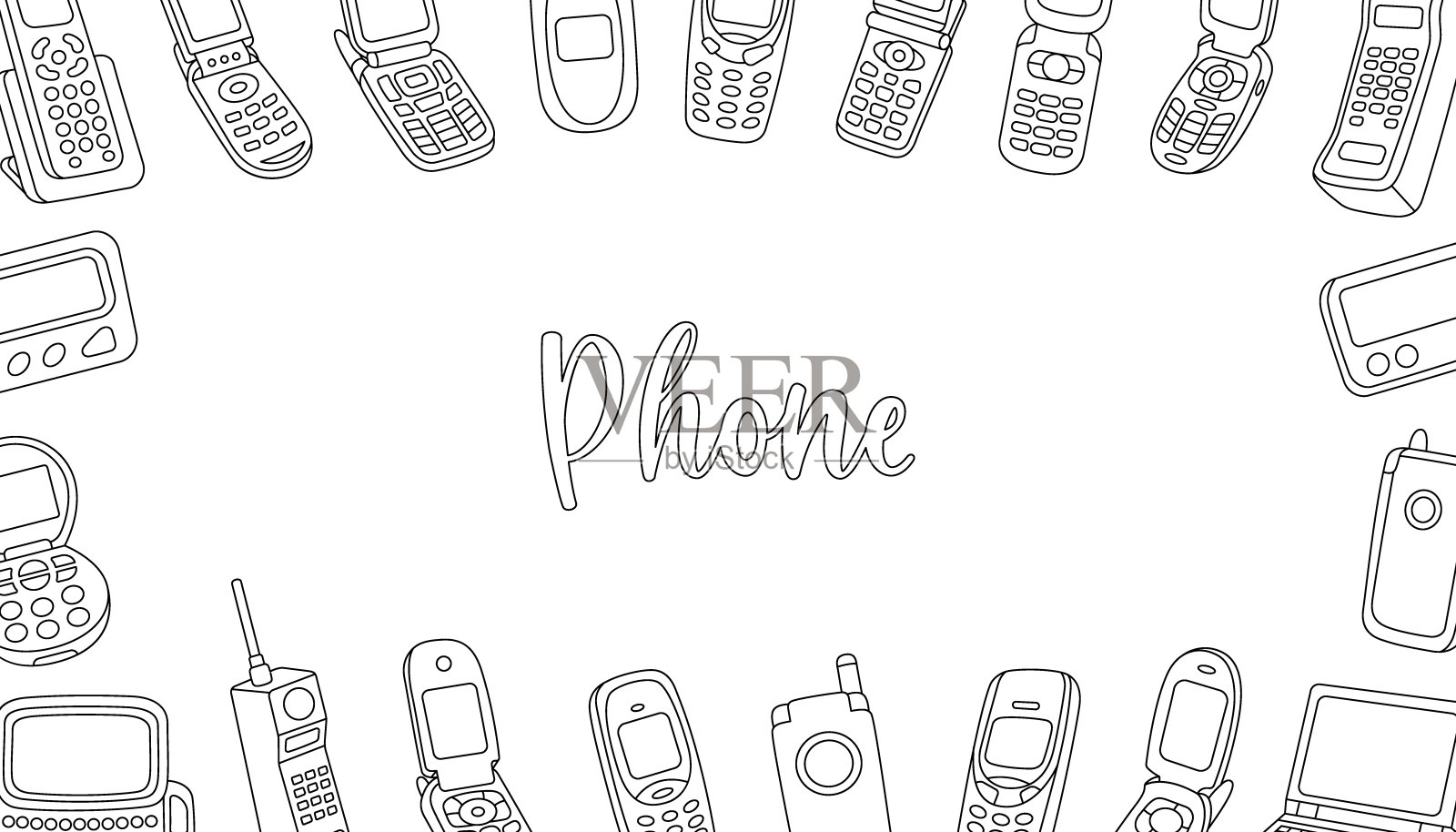 手机横框横幅。90年代的旧手机。带按钮的手机，带键盘的手机，翻盖手机，寻呼机，寻呼机，手机。插画图片素材