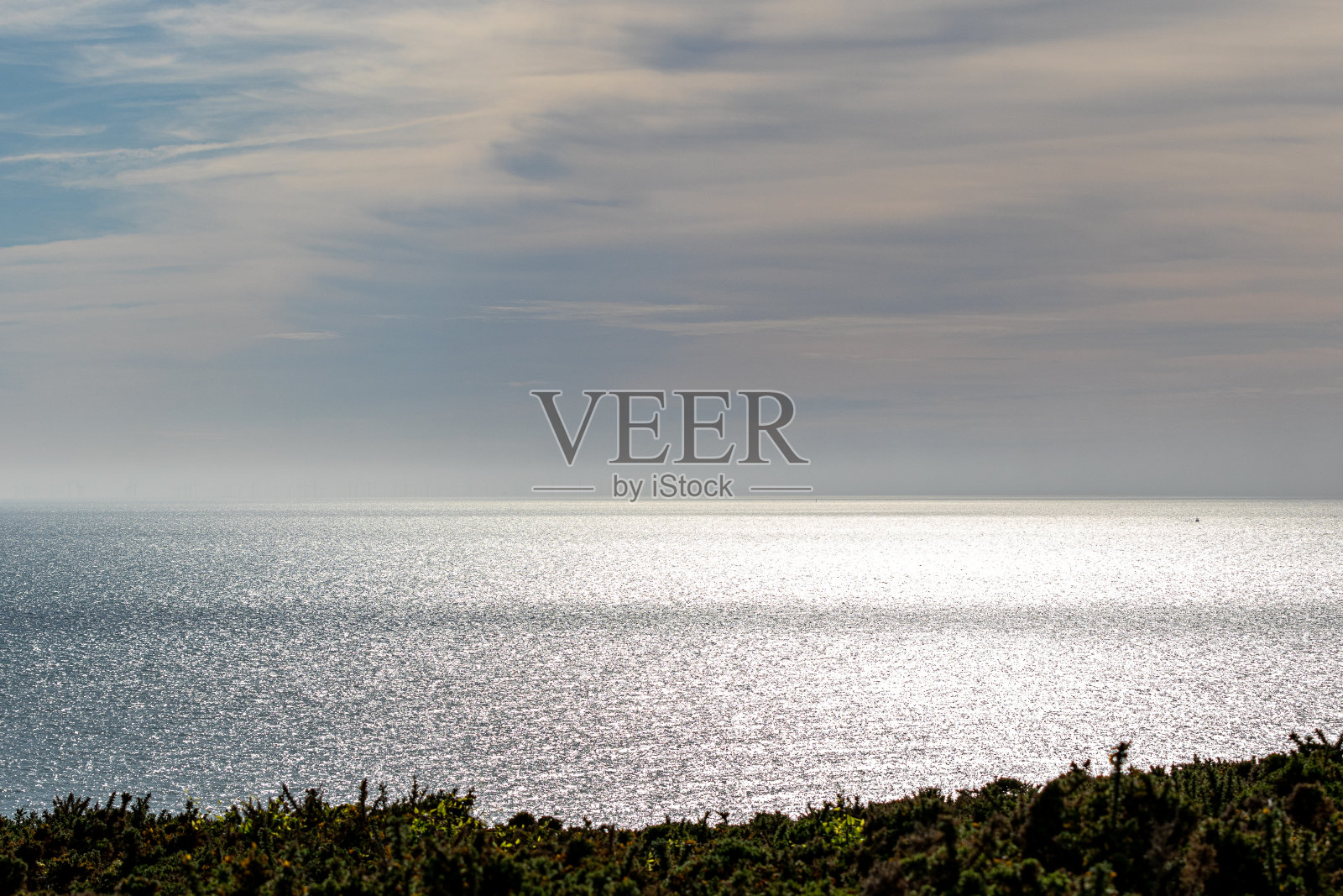 阳光反射在海洋上的风景，前景是树叶的剪影，天空多云，英国七姐妹。照片摄影图片