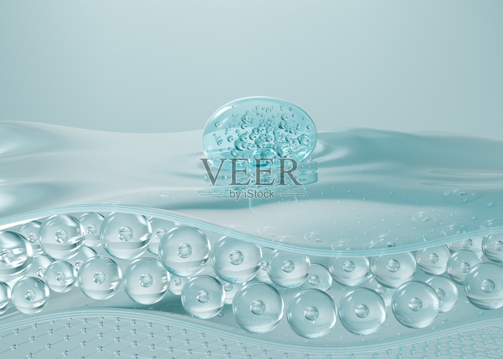 美容精华油滴在松弛的皮肤细胞上，修护皮肤，保湿霜，胶原蛋白精华，广告背景准备使用，3D渲染照片摄影图片