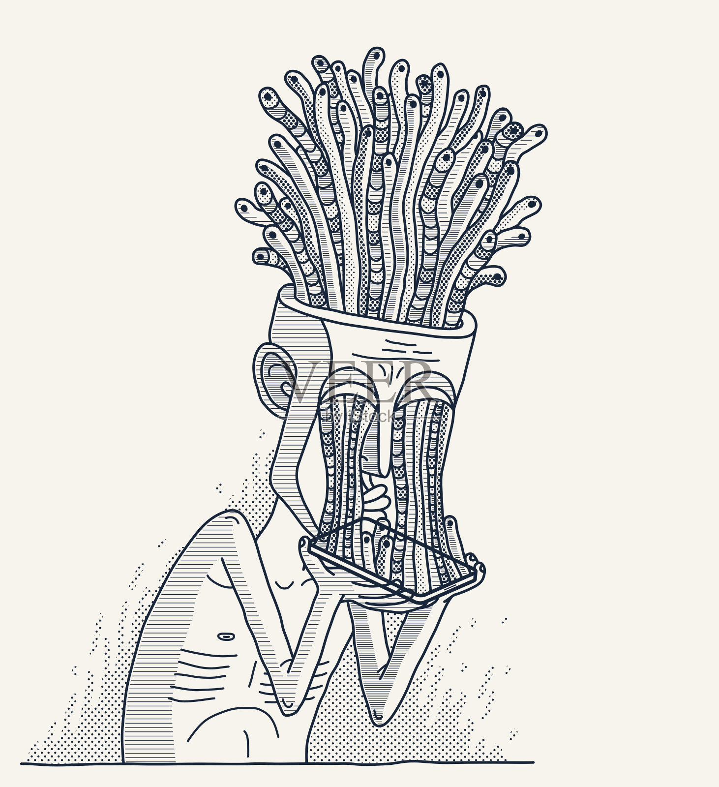 手机网瘾，矢量插图上瘾的人拿着蠕虫从它生长的手机，大脑损伤和退化。插画图片素材