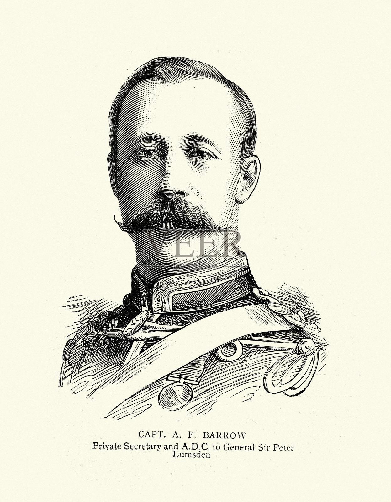 巴罗上尉，英国士兵，维多利亚时代，a.d.c给彼得·拉姆斯登将军爵士，1885年，19世纪的复古插图插画图片素材