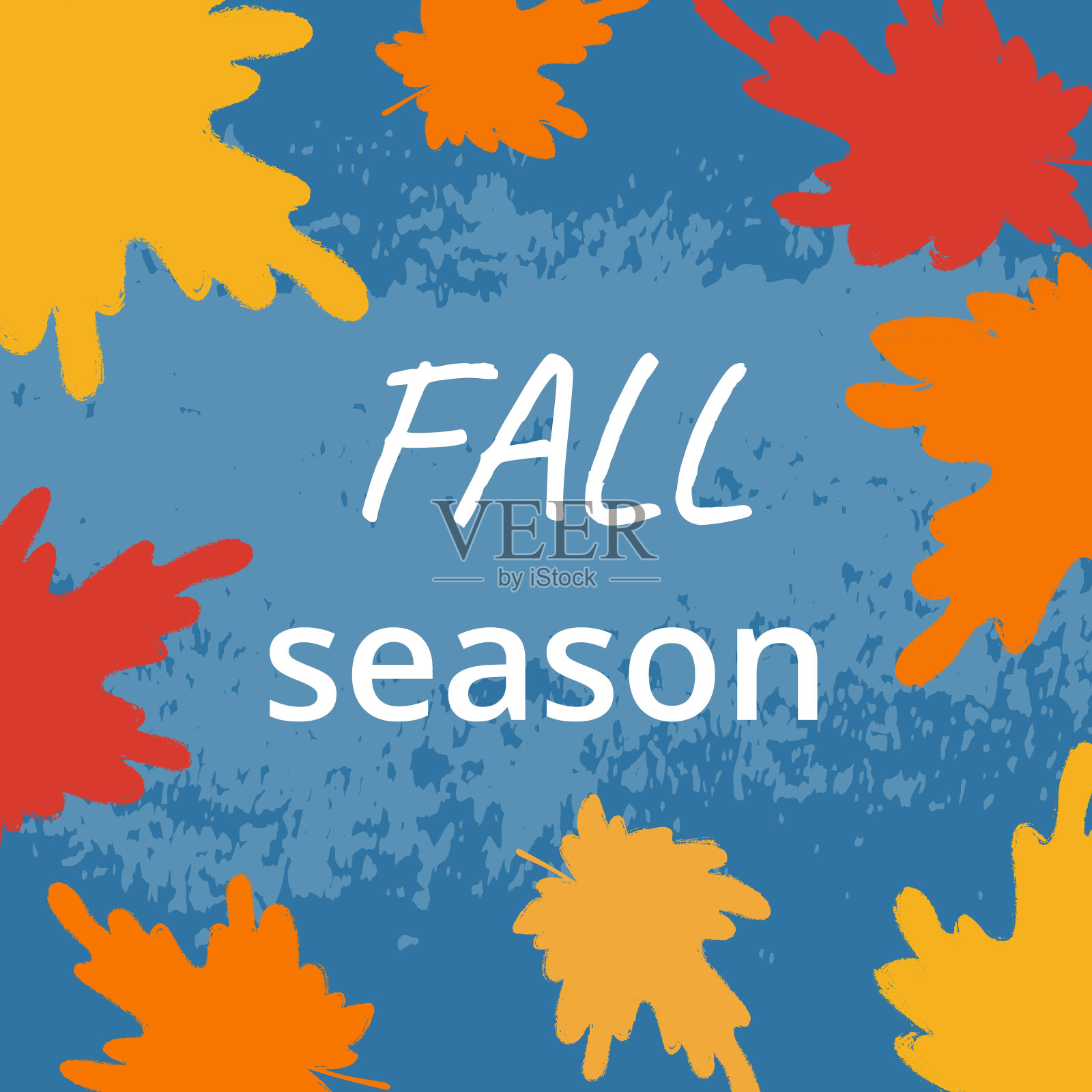 秋天的卡片与色彩缤纷的枫叶和文字秋天的季节在蓝色grunge背景。模板横幅，海报，社交媒体。插画图片素材