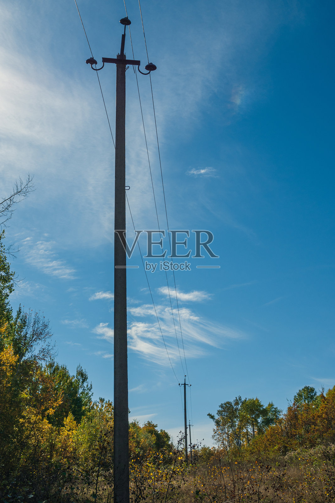 蓝天映衬下的混凝土电线杆照片摄影图片