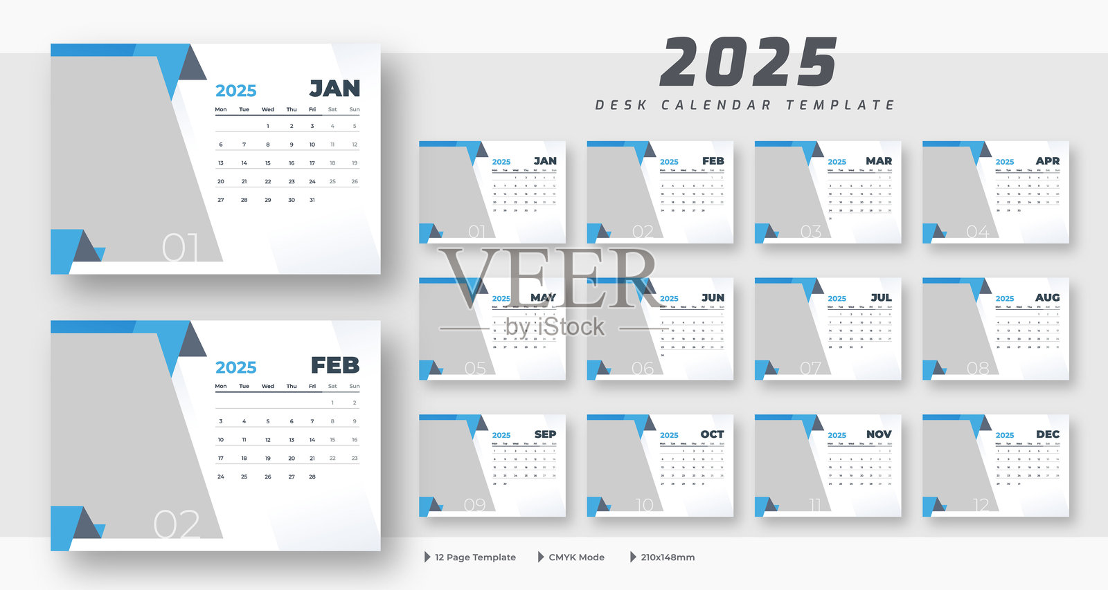 2024台历模板。公司办公桌日历2025年时间表，一周从周一开始插画图片素材