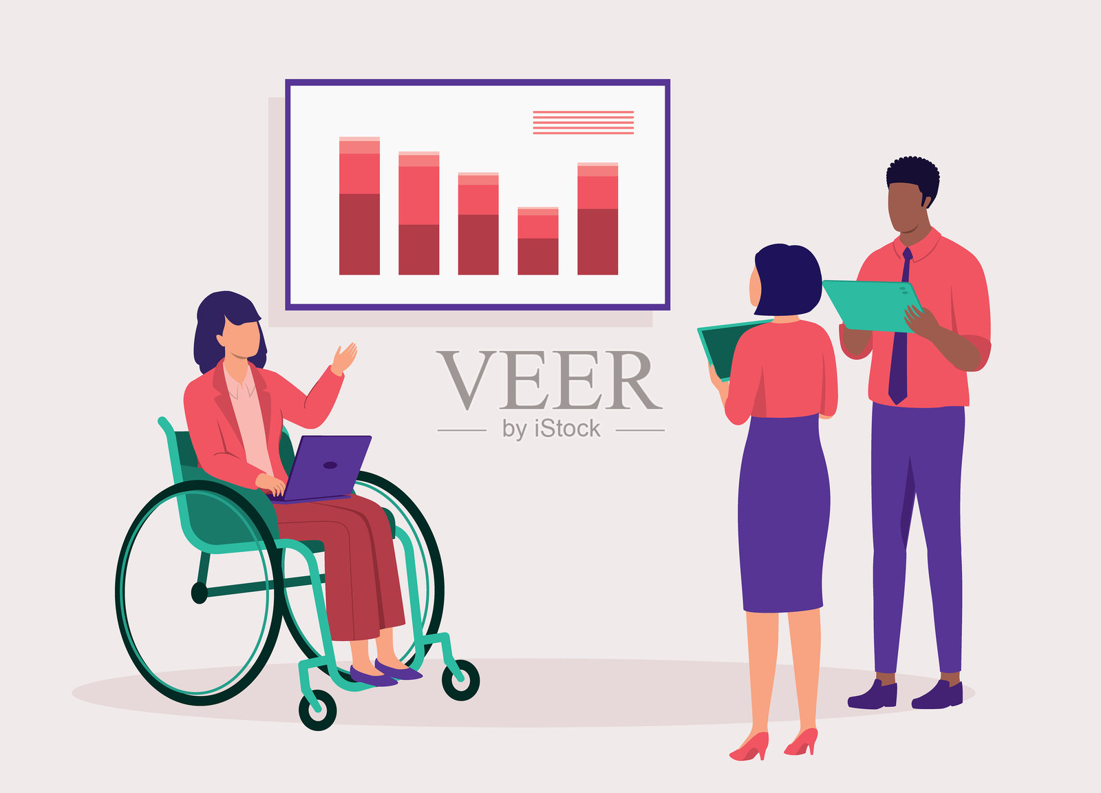 坐轮椅的残疾女工正在做业务报告。混血。多种族。多民族。跨种族。插画图片素材