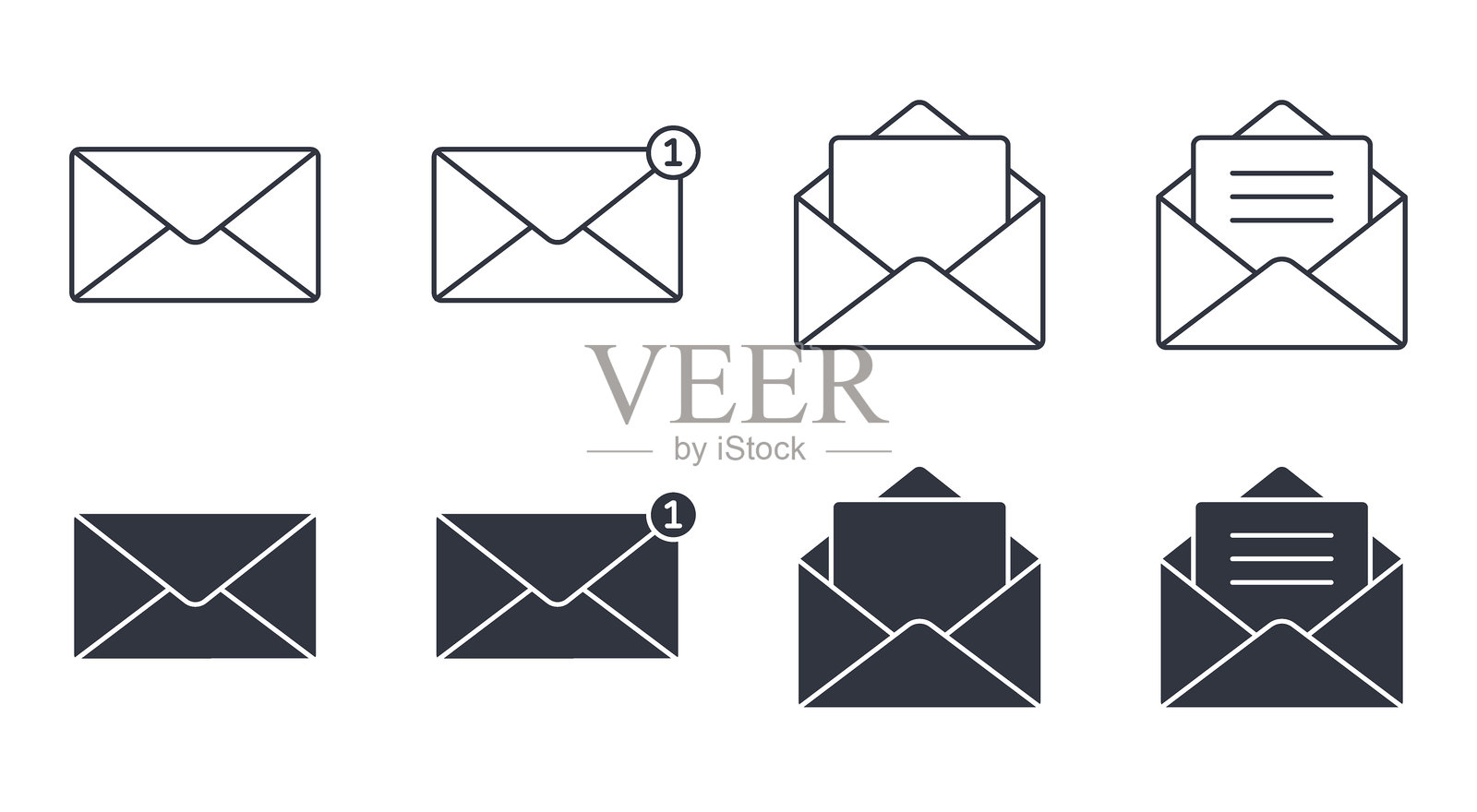 矢量图标信件邮件。检查电子邮件，新消息信息。电子邮件地址，商业信函和社交媒体通知。可编辑的笔触细线和黑色实心集插画图片素材