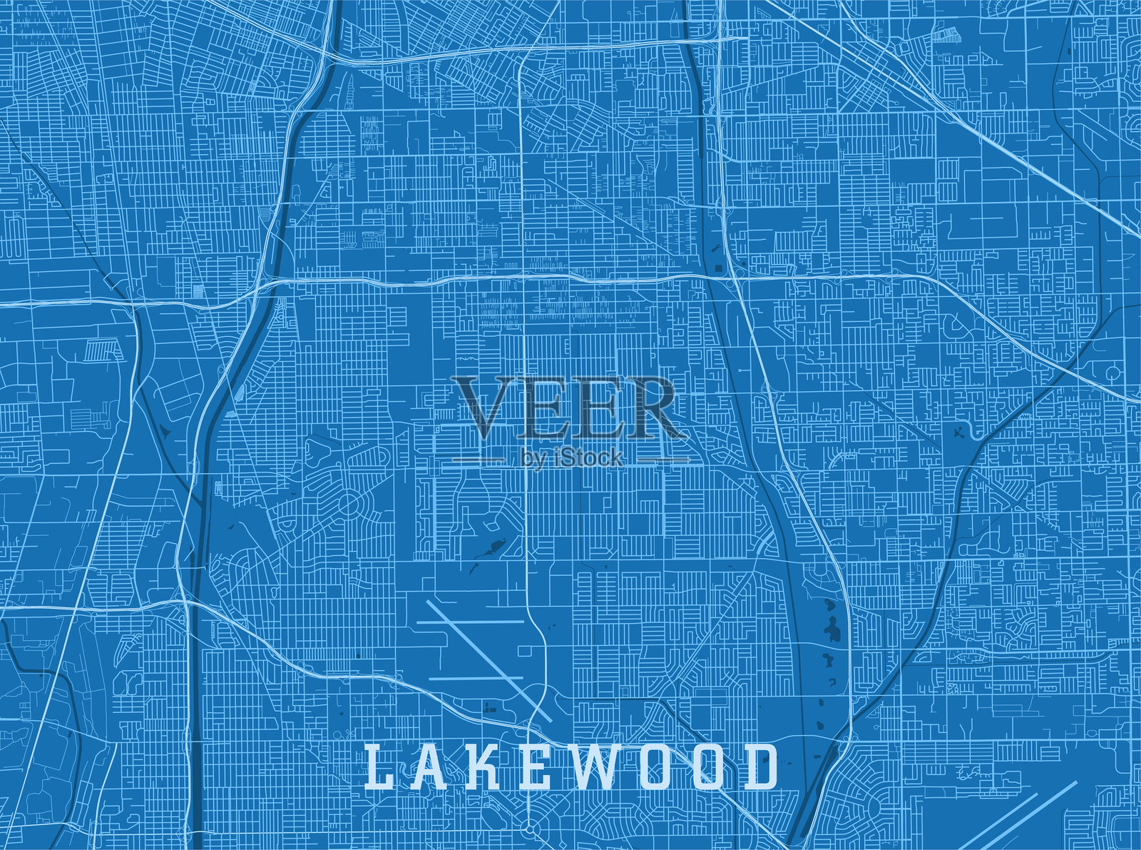 莱克伍德CA城市矢量路线图蓝色水平插画图片素材