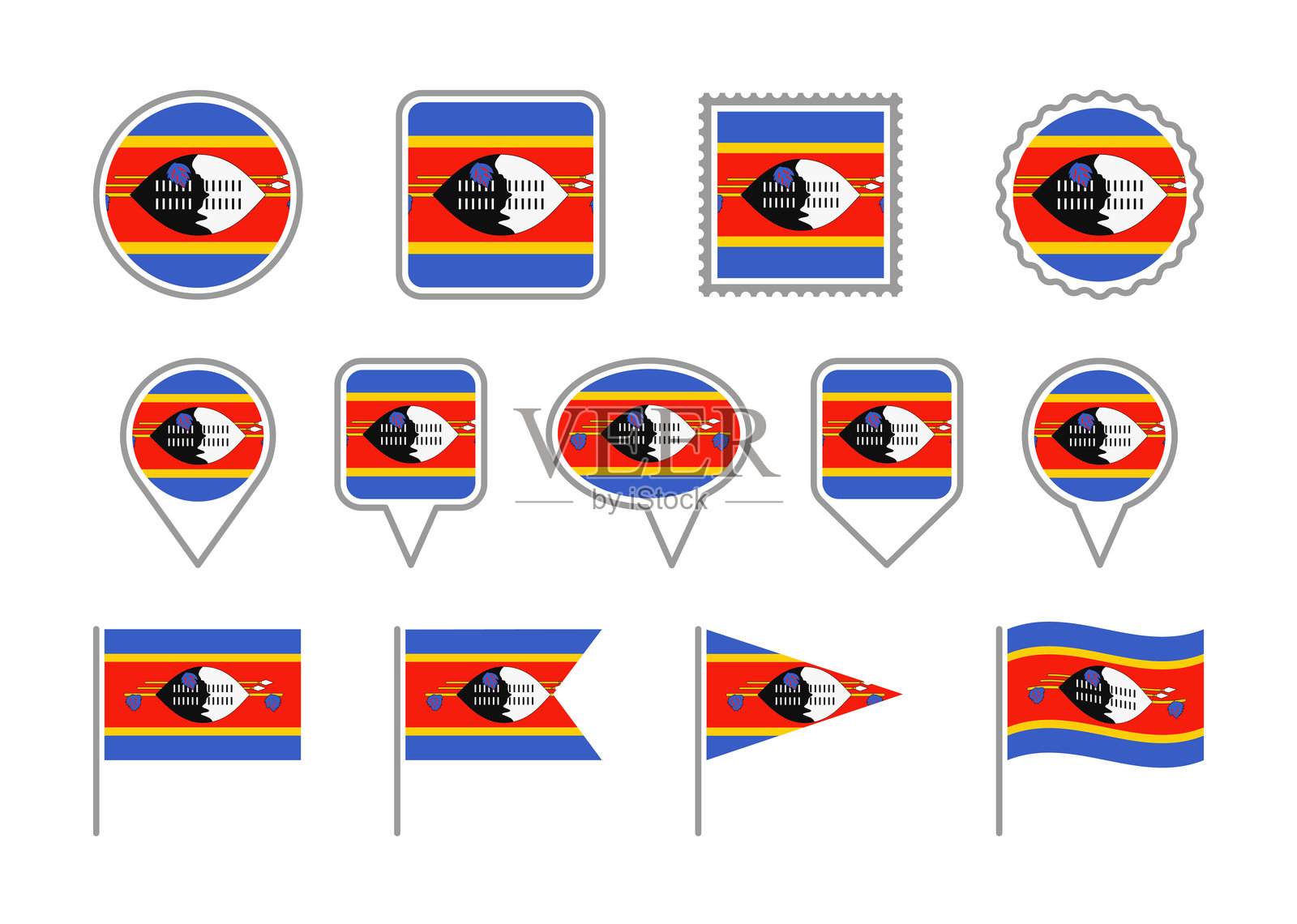 斯瓦蒂尼-一套不同形状的旗帜。插画图片素材
