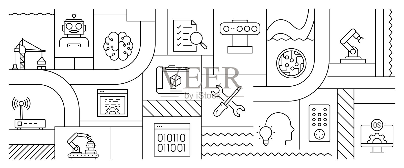 用于网页、标题、手册、年度报告和书籍封面的机器人工程相关线条样式banner设计插画图片素材