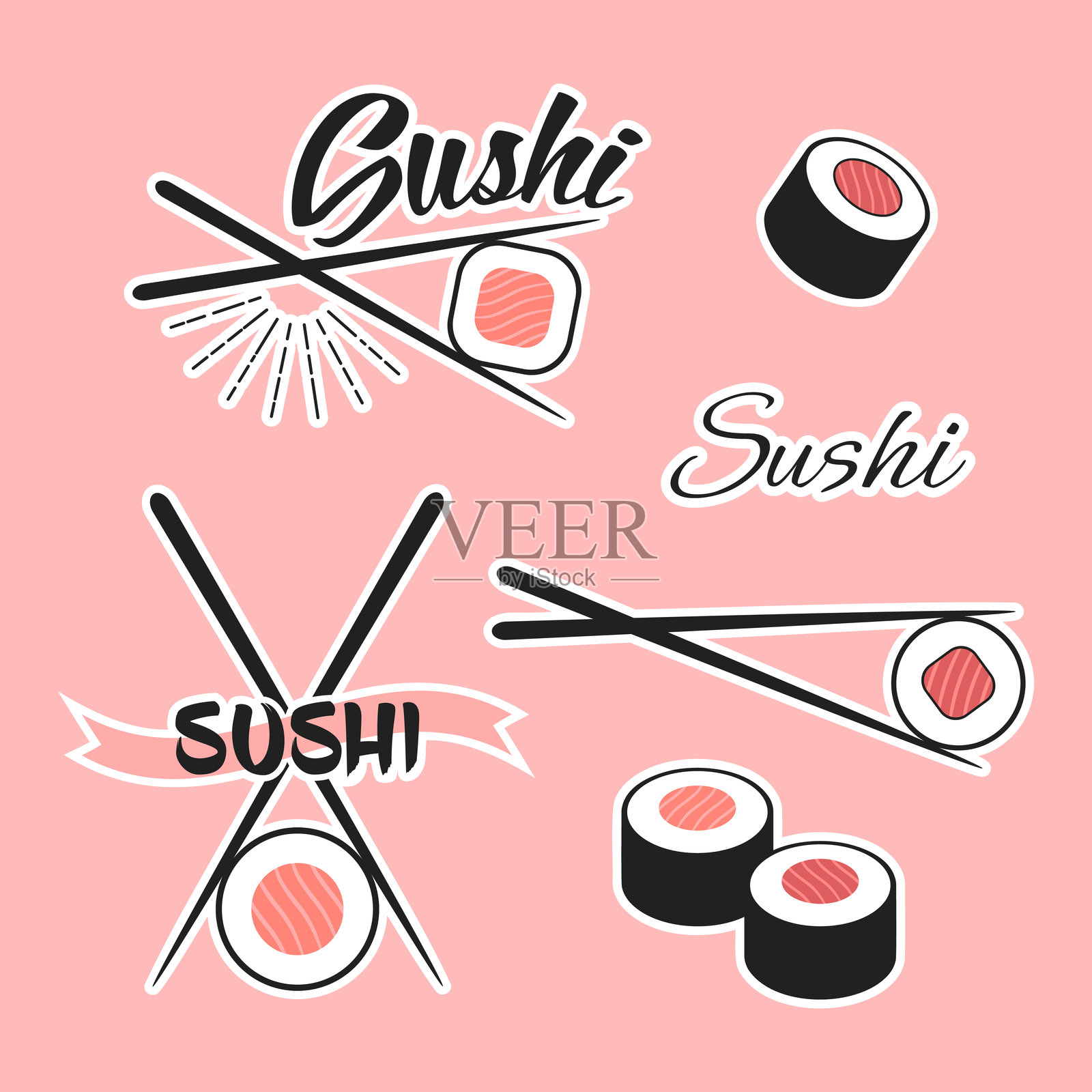 寿司卷和筷子的贴纸。插画图片素材