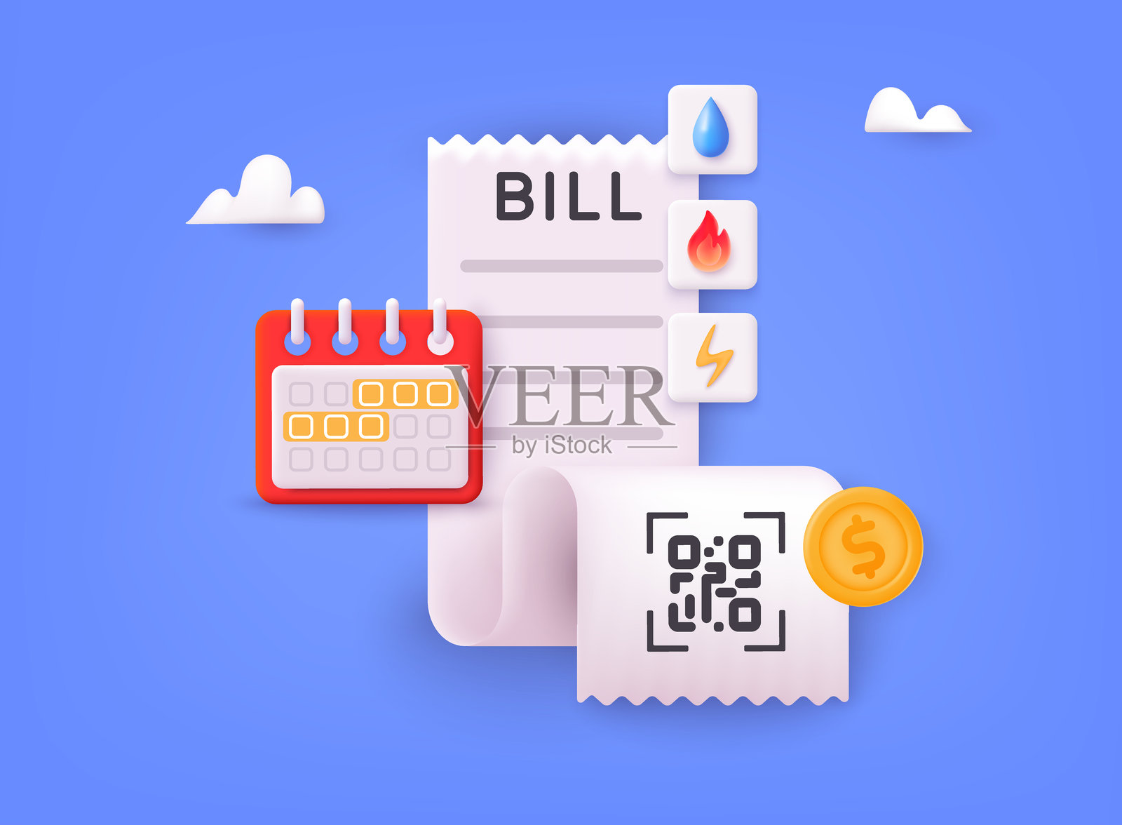 付账单。支付公用事业，银行，餐厅等。日历和检查标记，税收或信贷账单时间，贷款日期或预算收入日。插画图片素材