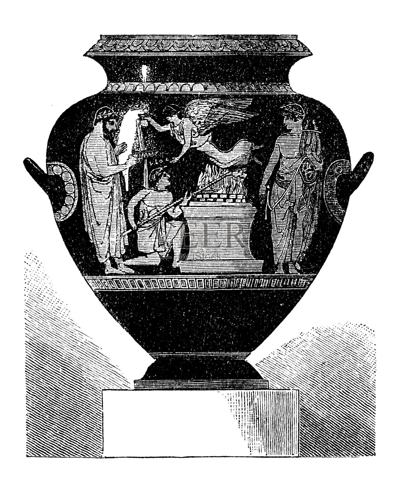 带有祭祀图案的双耳罐插画图片素材