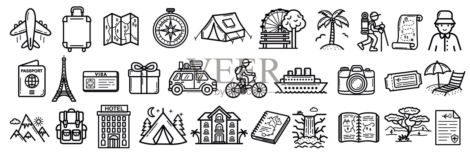 旅行和冒险矢量图标收集。暑假和旅游。一组与飞机，护照，邮轮，海滩，酒店，保险，机票相关的轮廓图标。矢量图插画图片素材