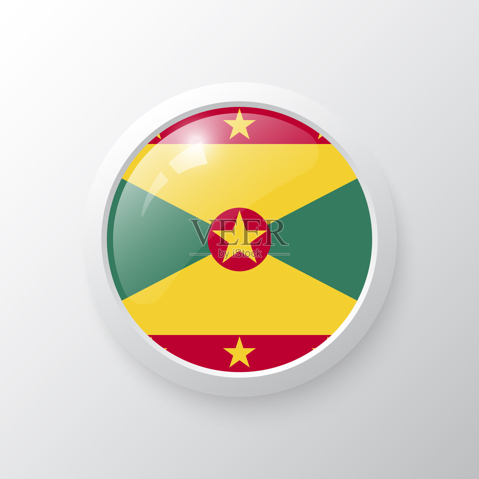 带有格林纳达国旗的3D按钮。作为圆形光泽图标的背景孤立。插画图片素材