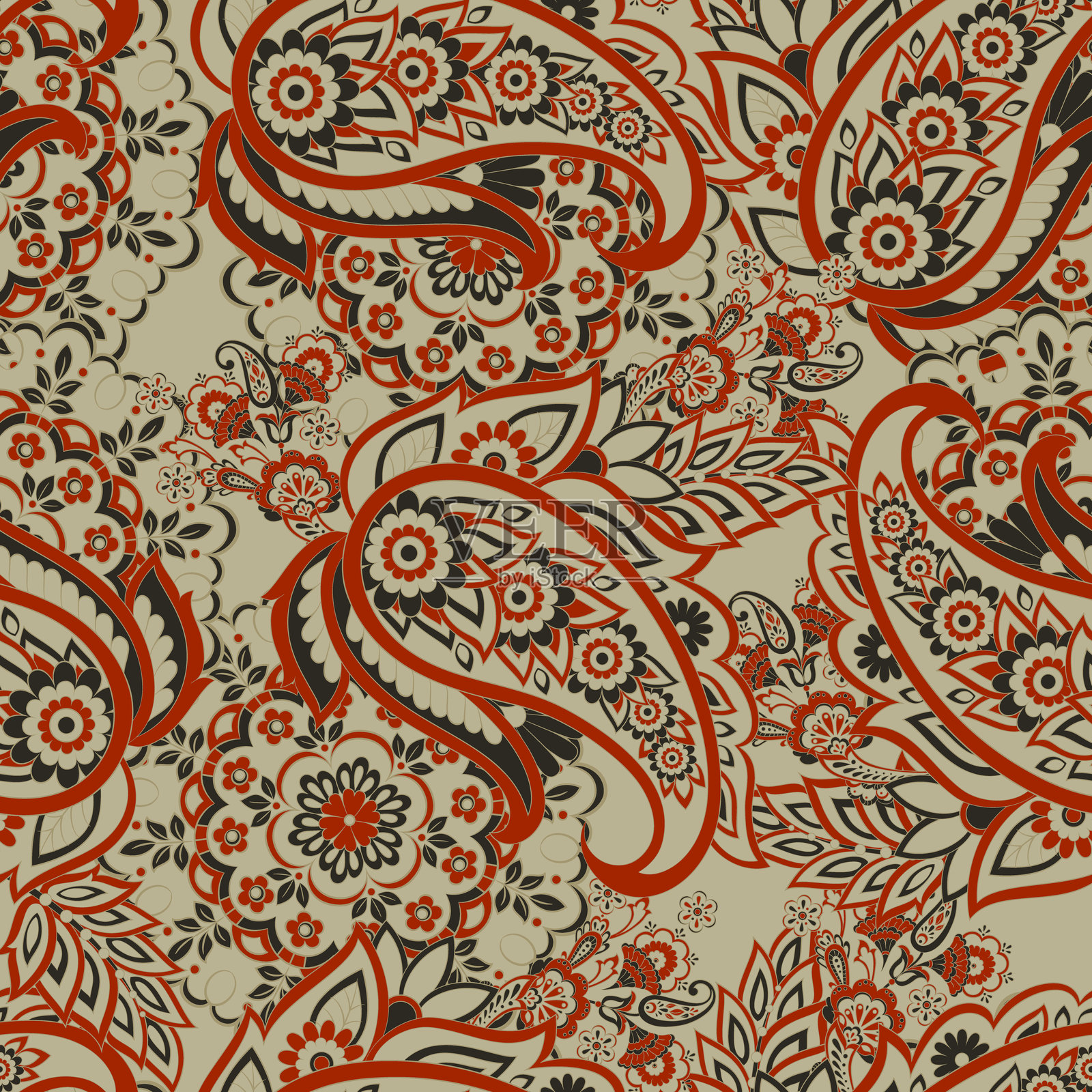 佩斯利和民族花卉无缝矢量图案。复古花香背景插画图片素材