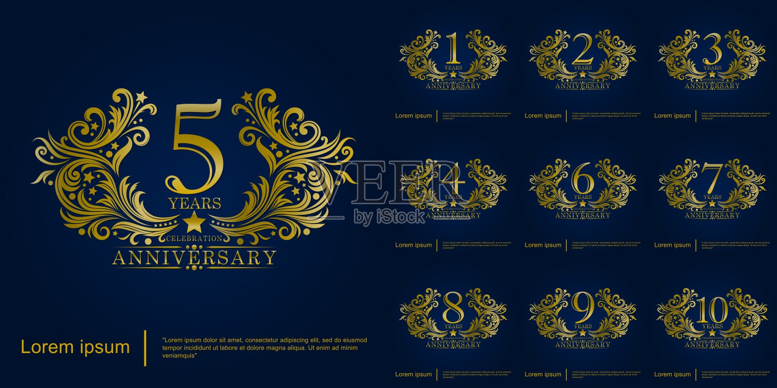 一套1-10年优雅的金色周年庆典徽章标志与笔触圆润华丽的漩涡和繁荣。矢量插图模板设计的网页，传单，海报，问候插画图片素材
