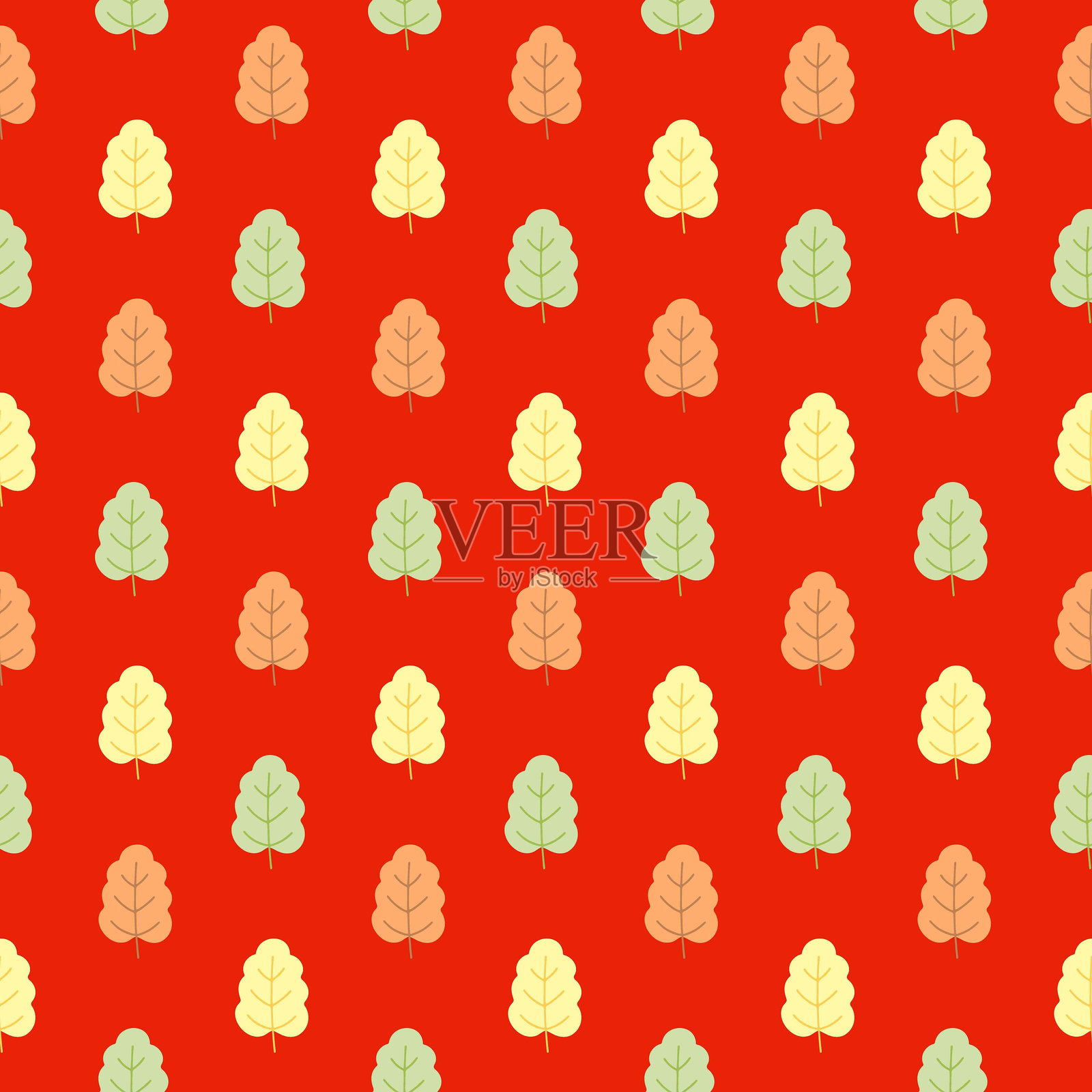无缝图案涂鸦树叶和橡树在孤立的红色背景插画图片素材