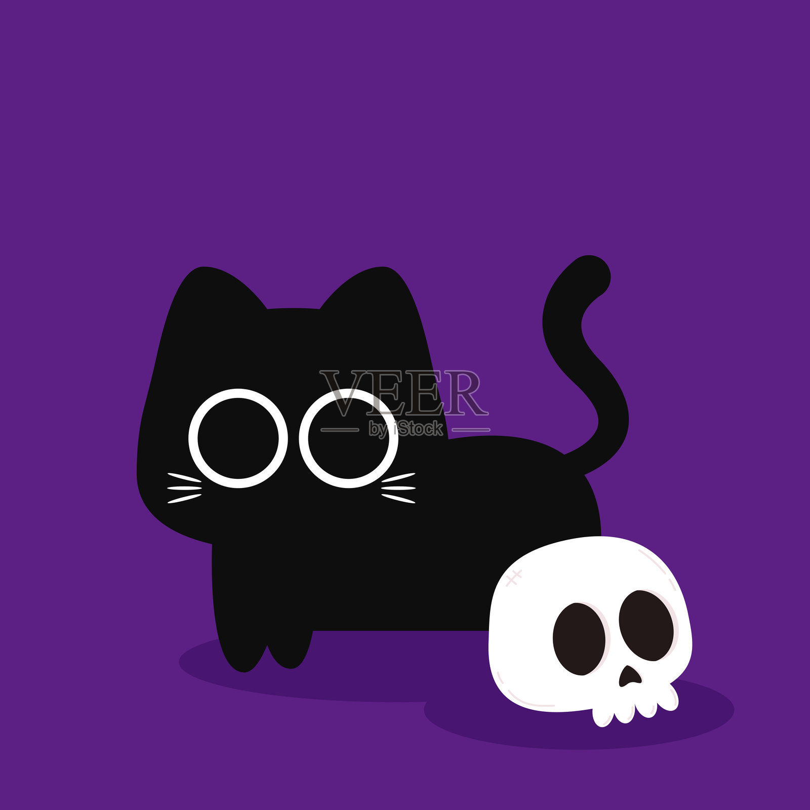 可爱的黑猫。万圣节黑猫和头骨在紫色的背景。插画图片素材