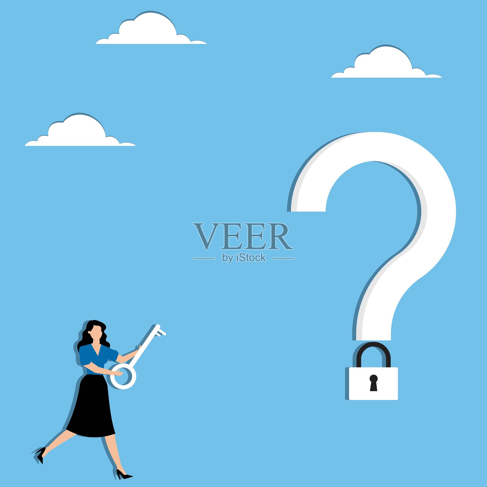 拿着问号钥匙跑的女人插画图片素材