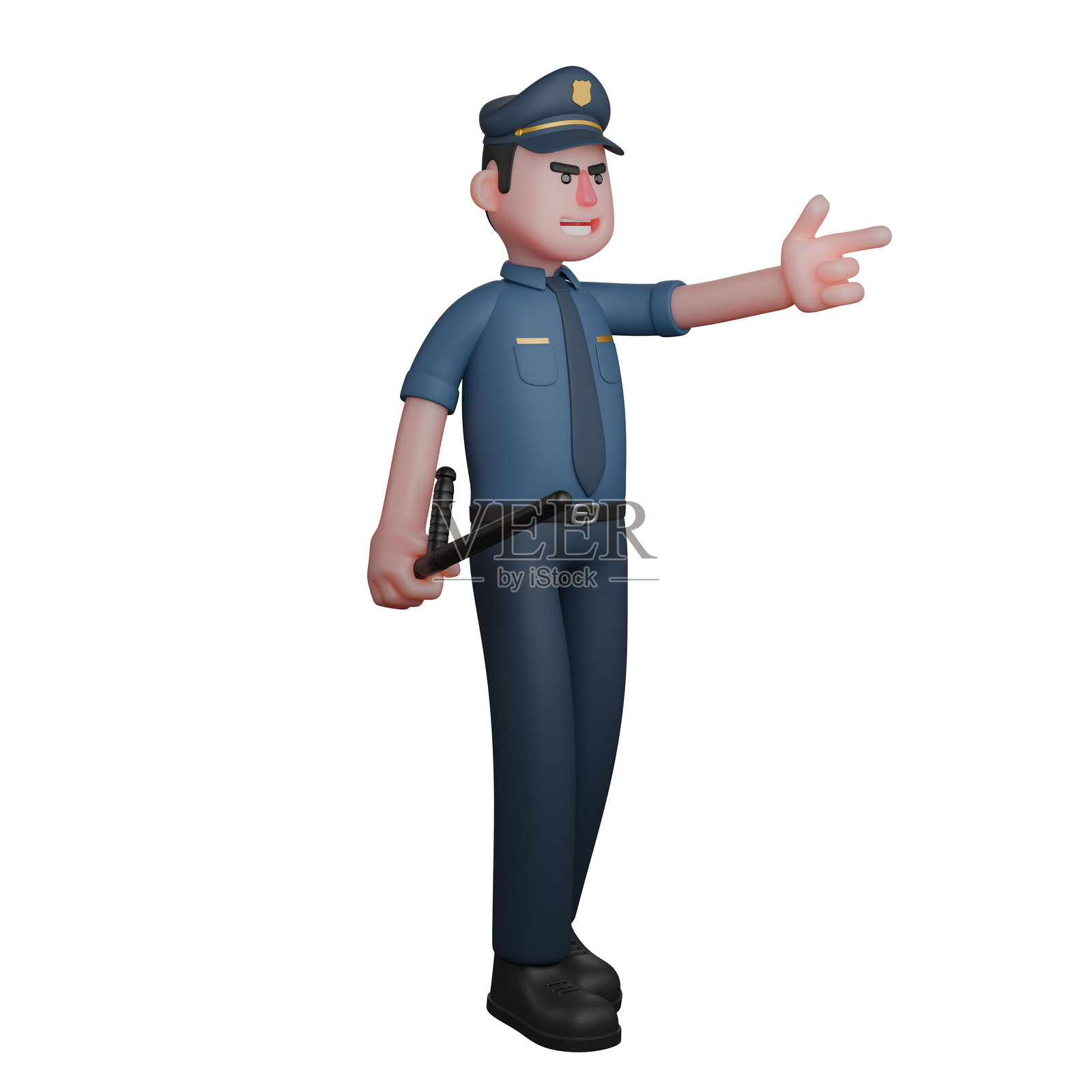 3D男性警察的职业角色。一名表情严肃的警察右手握着警棍，左手指着前方。法律的卡通照片摄影图片