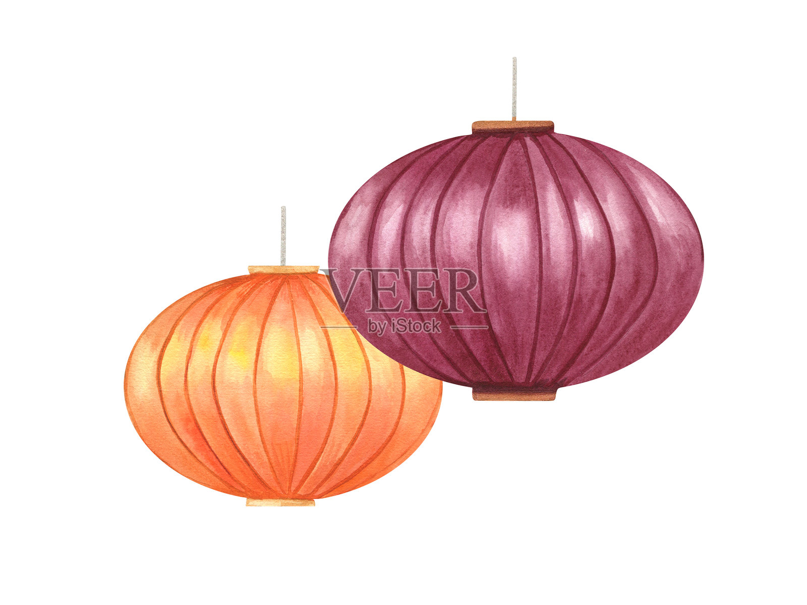 两个挂橙、紫纸灯笼水彩庆祝孤立插图。色彩鲜艳的排灯节灯，用于印度或中国的灯节。节日元素的家庭装饰，贺卡插画图片素材