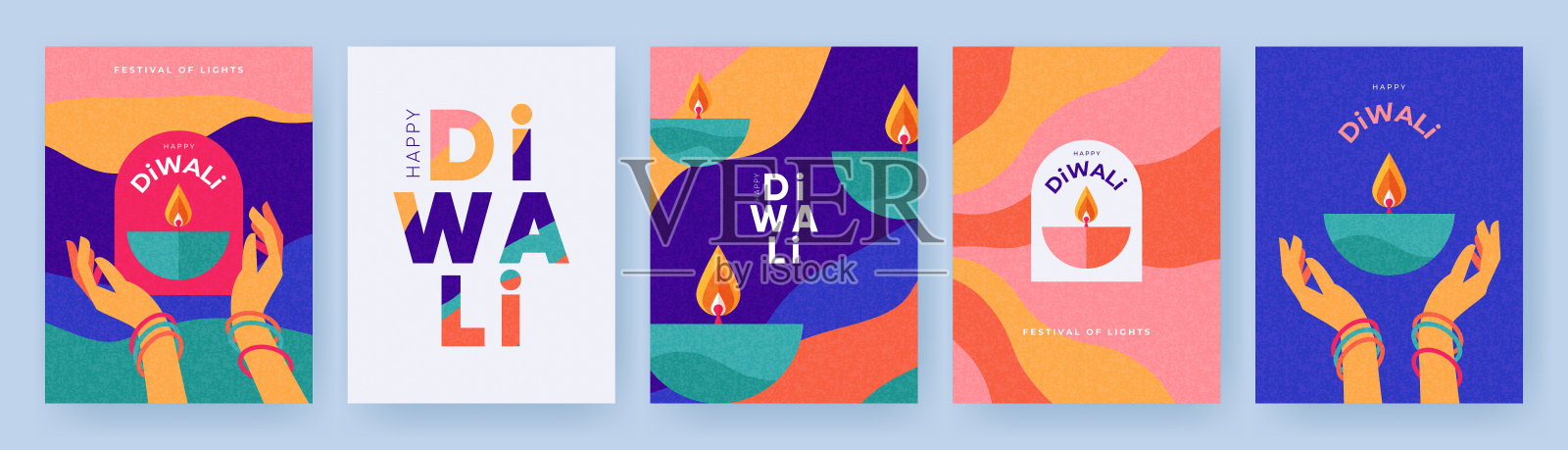 排灯节印度节日的灯光问候设计集油灯上的彩色波浪和手握diya。时尚的节日背景品牌，贺卡，网页横幅，封面，传单或海报插画图片素材