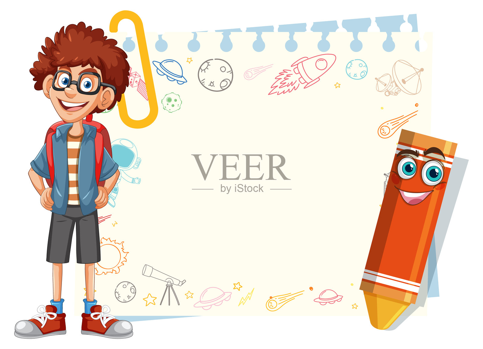 男孩和铅笔与空间背景插画图片素材