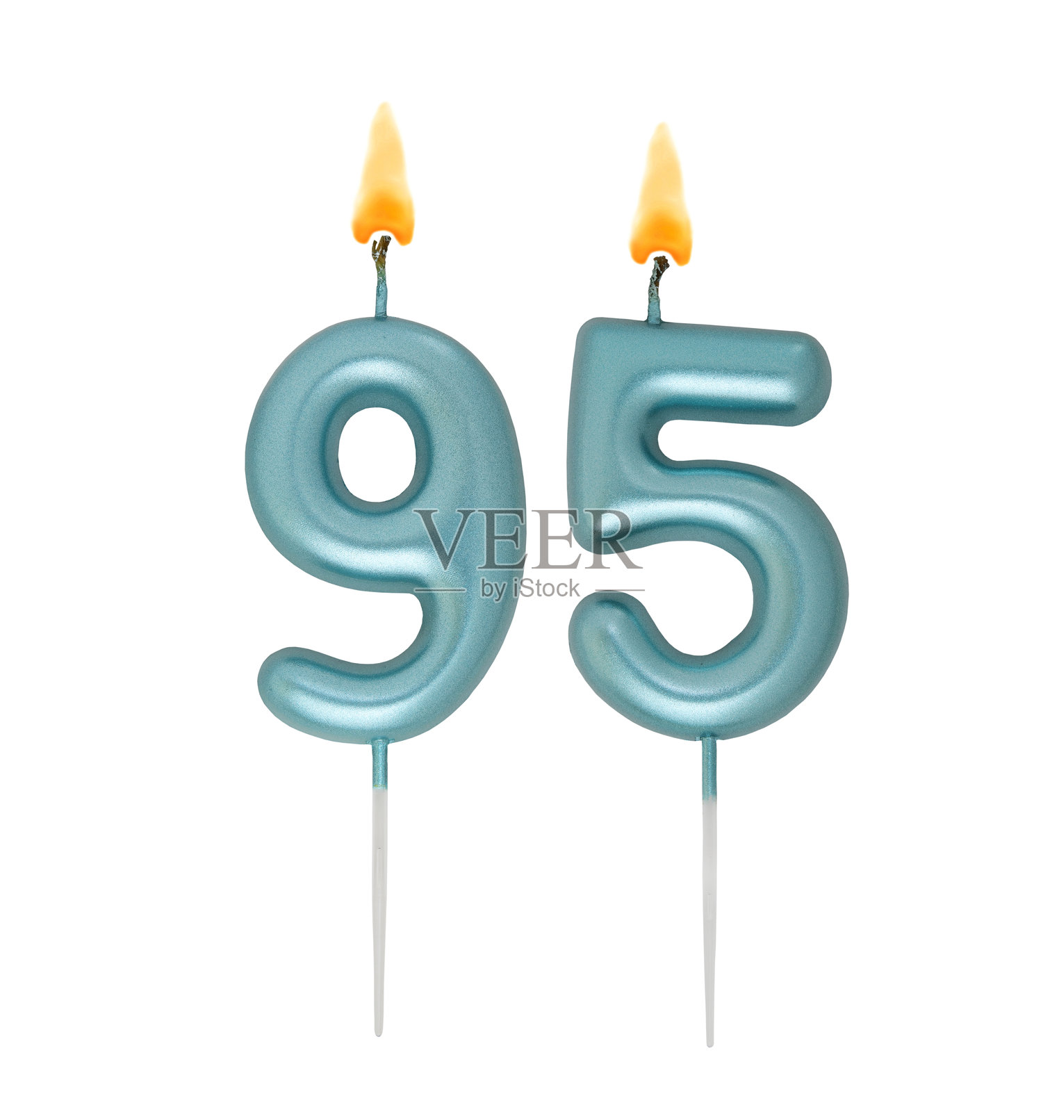 白色背景上的蓝色生日蜡烛，编号95照片摄影图片