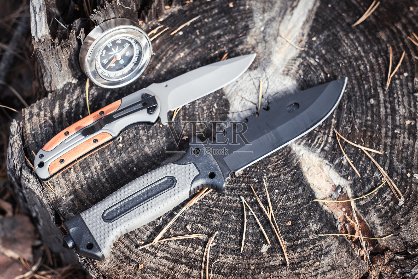 指南针和小刀在森林的树桩上。旅行的概念。照片摄影图片