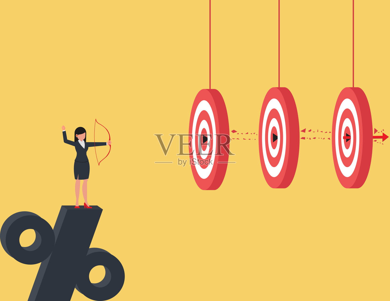 商业优势或效率才能成功，事半功倍。聪明的女商人射箭一箭射中多个靶心插画图片素材