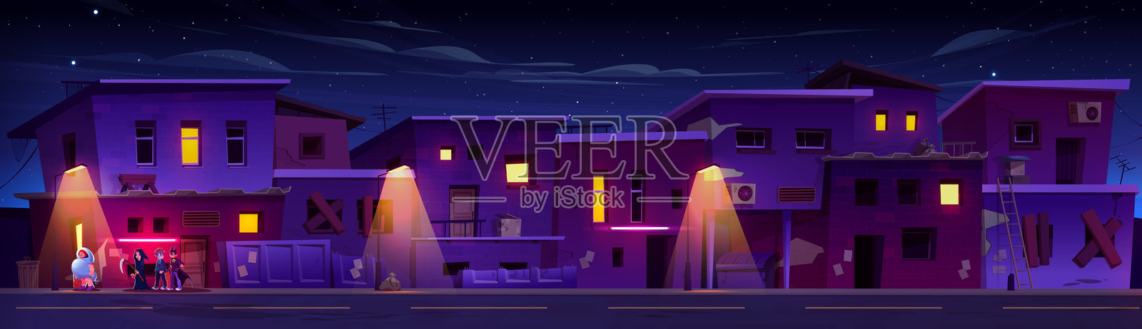 穿着万圣节狂欢节服装的小孩在贫民窟街上插画图片素材