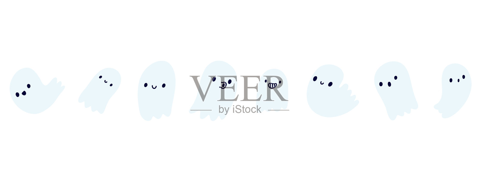 万圣节鬼魂集涂鸦卡通卡哇伊可爱的风格。卡通手绘有趣的微笑samhain鬼。不给糖就捣蛋股票平插图孤立在白色背景上。插画图片素材