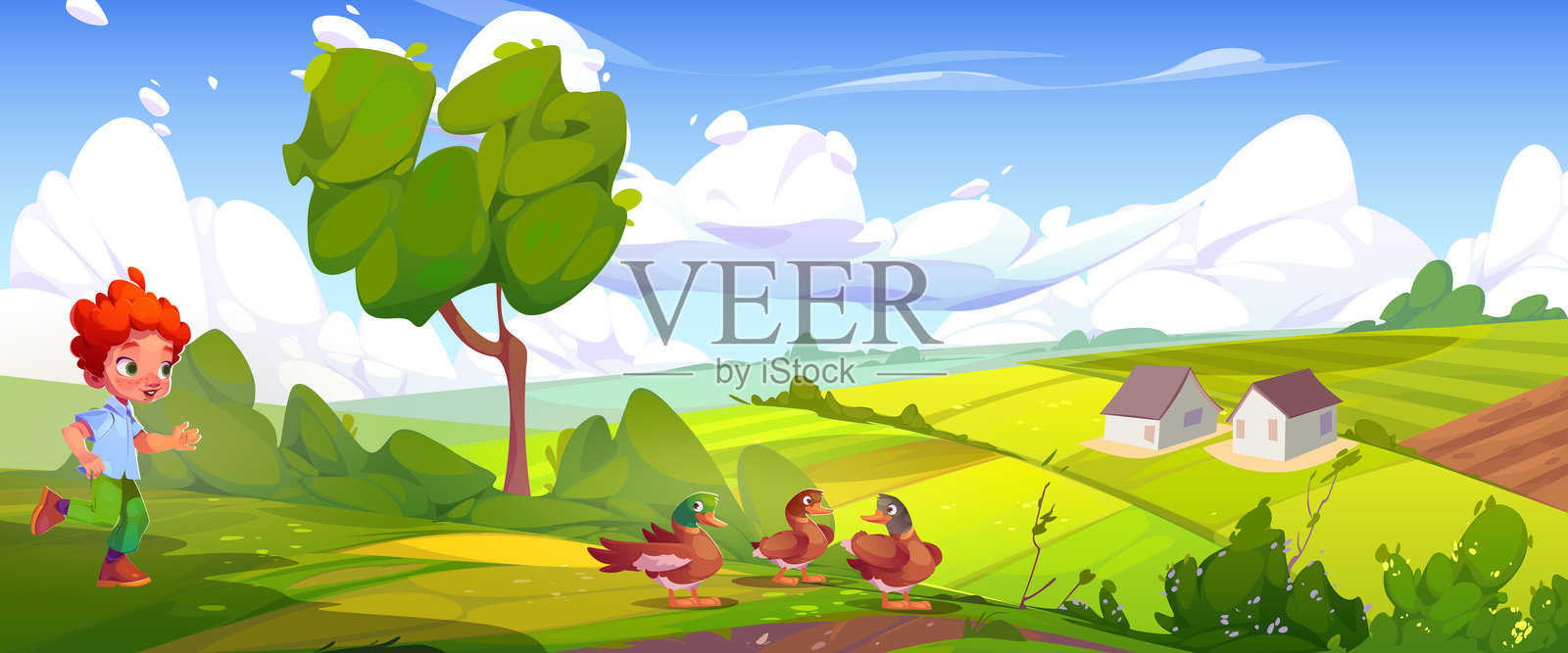 快乐的男孩在农场和鸭子玩耍插画图片素材